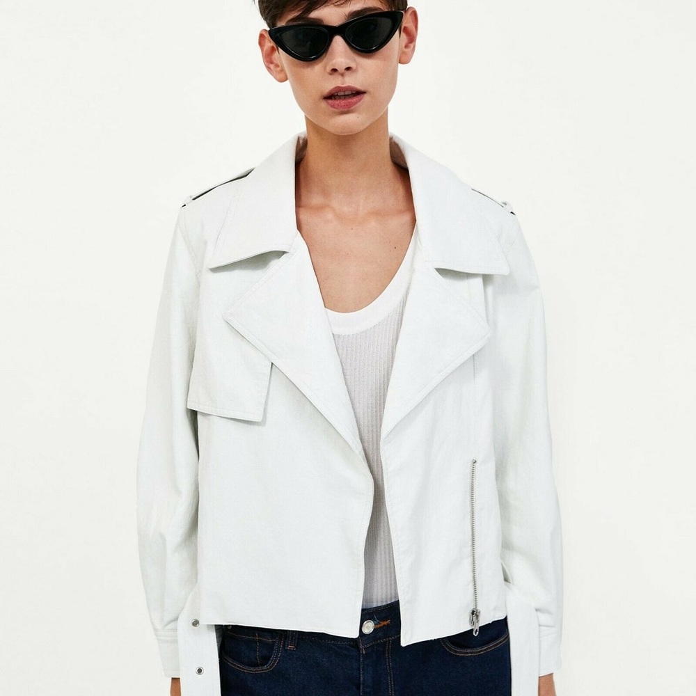 ZARA *White Belted Vegan Faux Leather Biker Style Jacket*